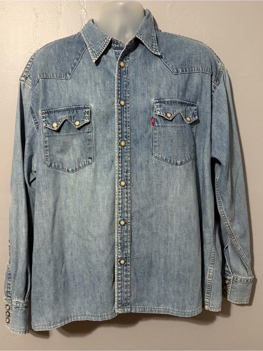 Levis Blue Denim Western Shirt Mens XL Hex Pearl Snap Sawtooth Pocket Vtg 90s